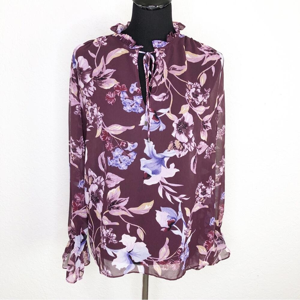 WHBM purple and maroon floral sheer ruffle trim top size Small